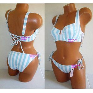 36DDD/XL VICTORIA SECRET SWIM Lace Up Top Bikini Set Side Tie Cheeky Blue stripe